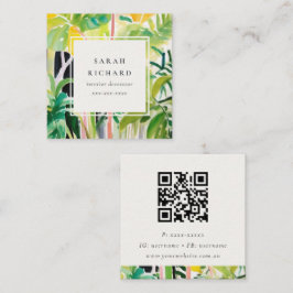 Cartão De Visita Quadrado Boho Green Tropical Leaf Foliage Botanical QR Code