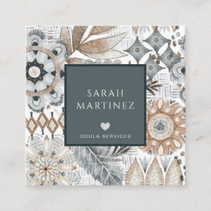 Cartão De Visita Quadrado Boho Hand Drawn Formas Serviços de Nascimento Doul