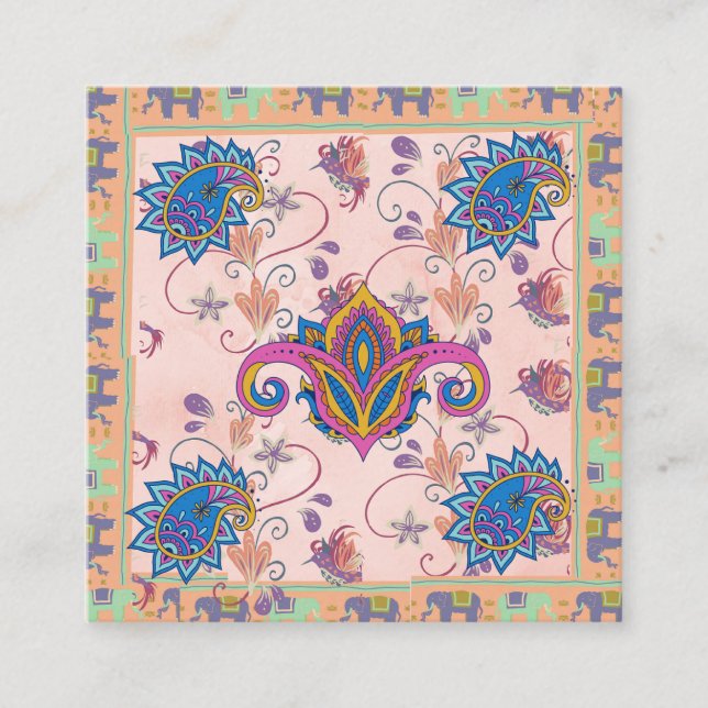 Cartão De Visita Quadrado Boho paisley and elephant pattern_lmandala artwork (Frente)