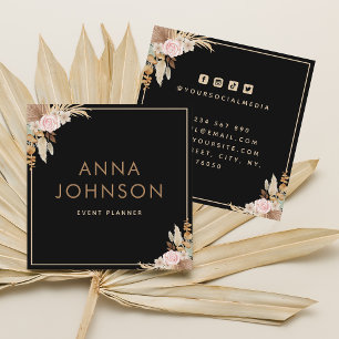 Cartão De Visita Quadrado Boho Pampas Floral Preto