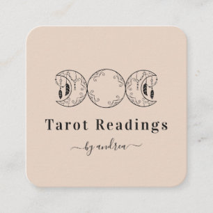 Cartão De Visita Quadrado Boho Triple Moon & Feather Beiger Energy Healer