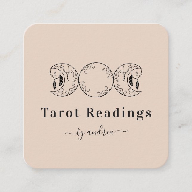 Cartão De Visita Quadrado Boho Triple Moon & Feather Beiger Energy Healer (Frente)