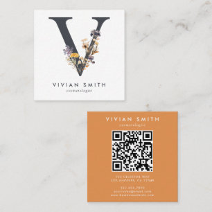 Cartão De Visita Quadrado Boho Wildflower Initial V QR Code