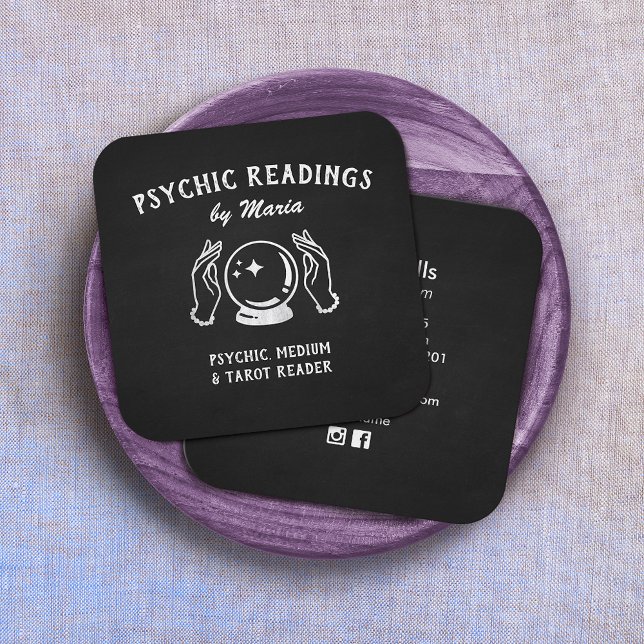 Cartão De Visita Quadrado Bola de cristal médio e mãos psíquicas pretas (Criador carregado)