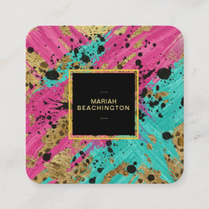 Cartão De Visita Quadrado ** Bold Leopard Abstrato Animal Neon Dourado AP93