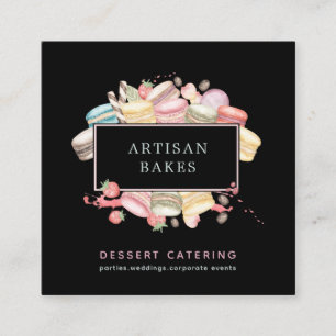 Cartão De Visita Quadrado Bold Watercolor Macaron Baker Pastelaria Preto