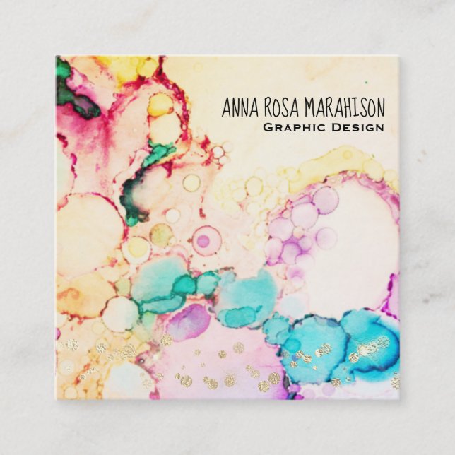 Cartão De Visita Quadrado *~* Bolhas De Fluxo De Abstrato Peach Amarelo Azul (Frente)