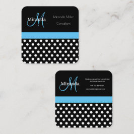 Cartão De Visita Quadrado Bolinhas branca preto monograma azul
