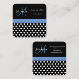 Cartão De Visita Quadrado Bolinhas branca preto monograma azul