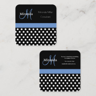 Cartão De Visita Quadrado Bolinhas branca preto monograma azul