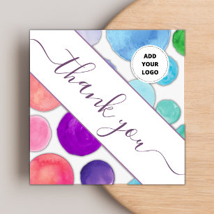 Cartão De Visita Quadrado Bolinhas de aquarela  colorida Obrigado e logotipo