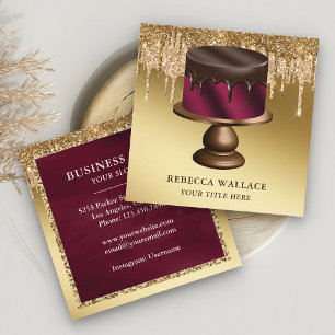 Cartão De Visita Quadrado Bolo Burgundy de Chocolate com Purpurina Dourada P