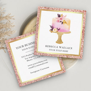 Cartão De Visita Quadrado Bolo Floral Pastel com Brilho em Rose Gold Padaria