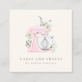 Cartão De Visita Quadrado Bolo Misturador de Aquarela de Padaria Floral Rosa