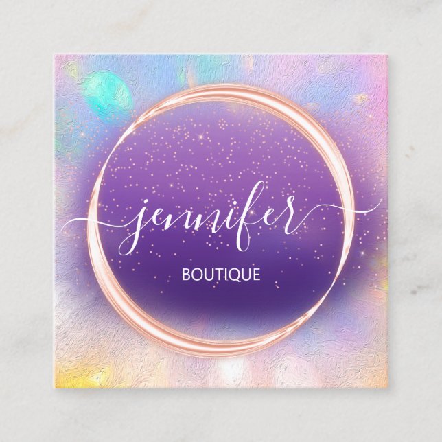 Cartão De Visita Quadrado Bolota profissional Comprada Hológrafo Rosa Roxo (Frente)
