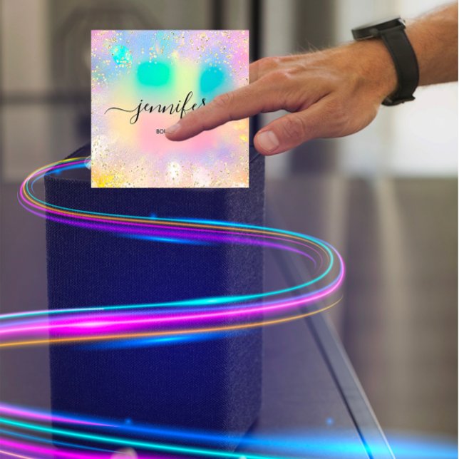 Cartão De Visita Quadrado Bolota profissional de Compro Dourado com holograf (Professional Boutique Shop Gold Glitter Holograph Square Business Card)