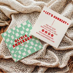 Cartão De Visita Quadrado Bolsa Verde Retroativa de 70's Groovy Checkered Tr