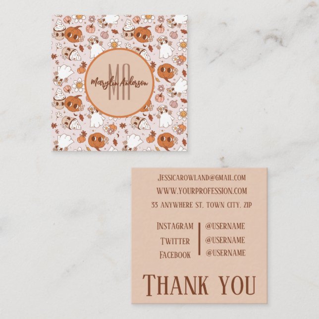 CARTÃO DE VISITA QUADRADO BOMBEIROS E FANTASMAS DE RETROGRÓVIA DE HALLOWEEN (Frente/Verso)