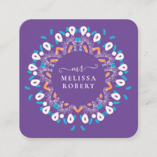 Cartão De Visita Quadrado Bonita Floral Purple Mandala Marble Monogramed