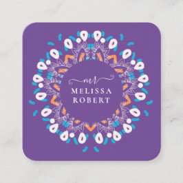 Cartão De Visita Quadrado Bonita Floral Roxa Mandala Marble Monogramed
