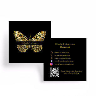 Cartão De Visita Quadrado Borboleta código QR dourado preto