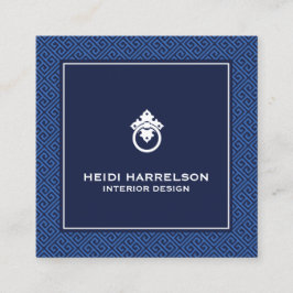 Cartão De Visita Quadrado Borda Azul do Logotipo do Botão da Porta da Vintag