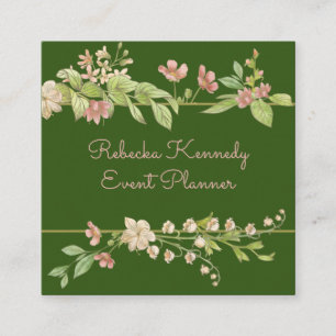 Cartão De Visita Quadrado Borda Floral Verde e Cor da Água