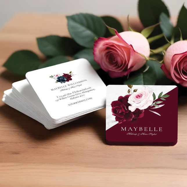 Cartão De Visita Quadrado Borgonha Elegante e Mármore Branco Floral (Elegant Burgundy & White Marble Watercolor Floral Square Business Card)
