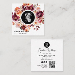 Cartão De Visita Quadrado Bouquet Aquarela Floral Borgonha & Logotipo Código