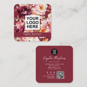 Cartão De Visita Quadrado Bouquet Aquarela Floral Burgundy & Logotipo Código
