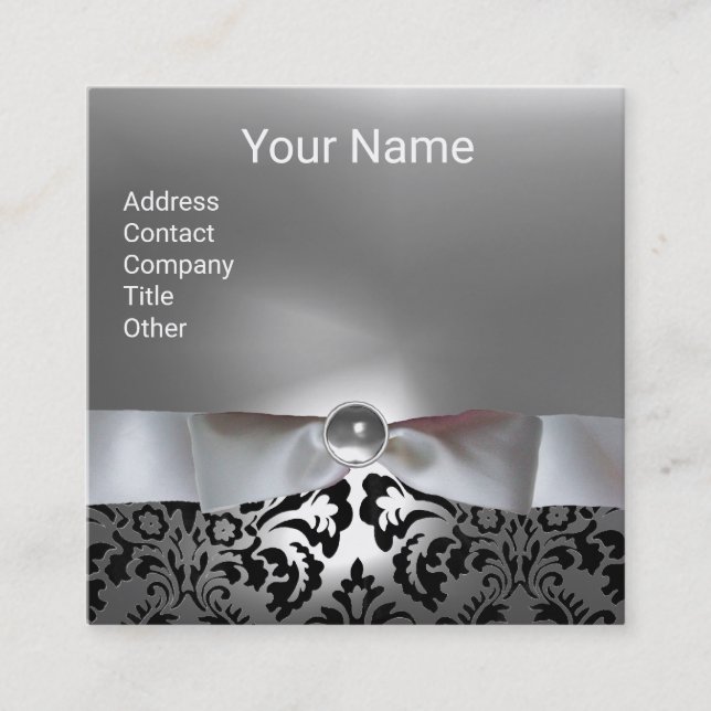 CARTÃO DE VISITA QUADRADO BRILHO BRANCO NEGRO, MONOGRAMA DA GEMSTONE DA CINZ (Frente)