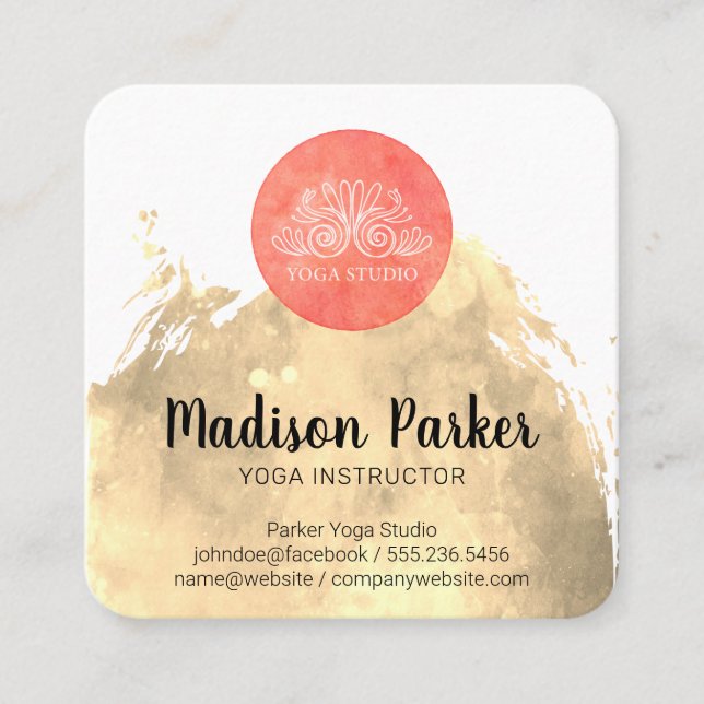 Cartão De Visita Quadrado Bruto de Aquarela | Yoga Studio | Instrutor II (Frente)