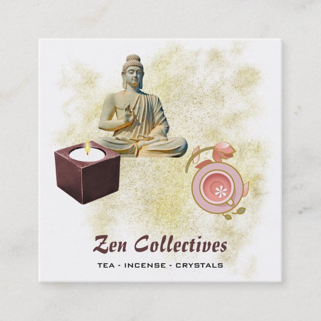 Cartão De Visita Quadrado *~* Buddha Zen Candle Lotus Tea Dourado (Frente)