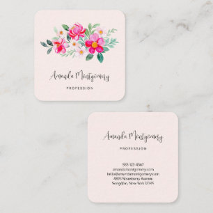 Cartão De Visita Quadrado Buquê Bonito com ventilador rosa reproduzível