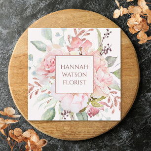 Cartão De Visita Quadrado Buquê Floral de Rosa e Peônia Rosa Elegante
