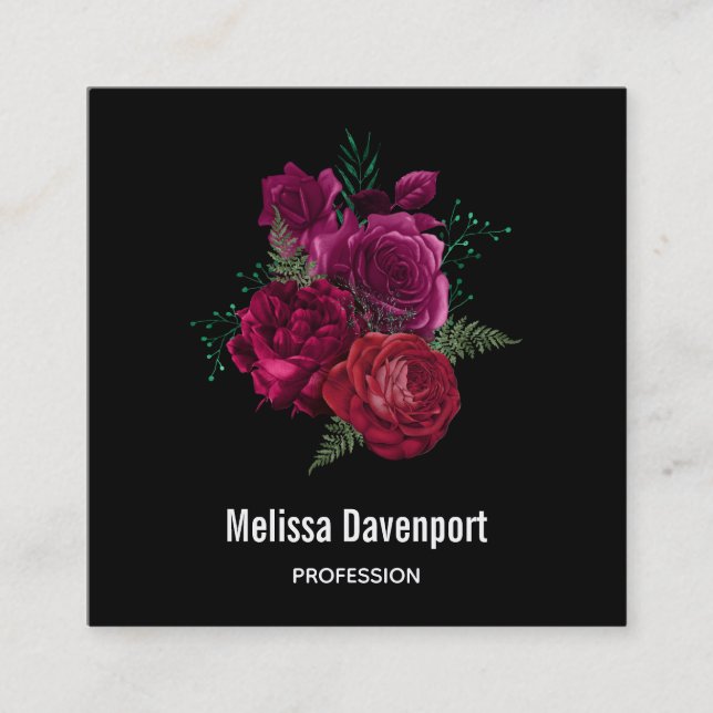 Cartão De Visita Quadrado Buquê Floral Elegante Magenta Rosa (Frente)