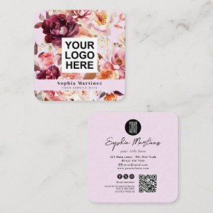 Cartão De Visita Quadrado Buquê Floral em Aquarela Burgundy & Logotipo Códig