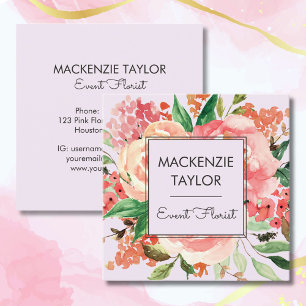 Cartão De Visita Quadrado Buquê Floral Rosa Bege Flor de Blush