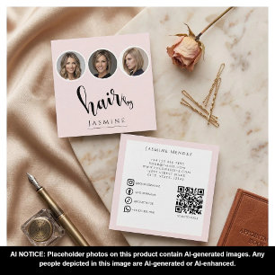 Cartão De Visita Quadrado Cabeleireiro 3 Foto QR Redes Sociais Rosa Bege