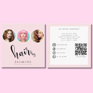 Cartão De Visita Quadrado Cabeleireiro 3 Foto QR Redes Sociais Rosa Bege