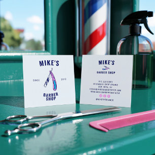 Cartão De Visita Quadrado Cabeleireiro azul da lâmina do barbeiro dos homen