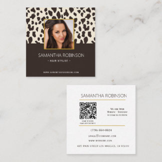 Cartão De Visita Quadrado Cabeleireiro Código QR de Foto Estampa de Leopardo