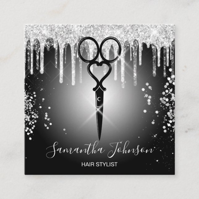 Cartão De Visita Quadrado Cabeleireiro moderno de prata (Frente)