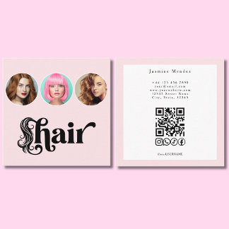 Cartão De Visita Quadrado Cabelereiro Rosa Bege Branco 3 Foto Código QR