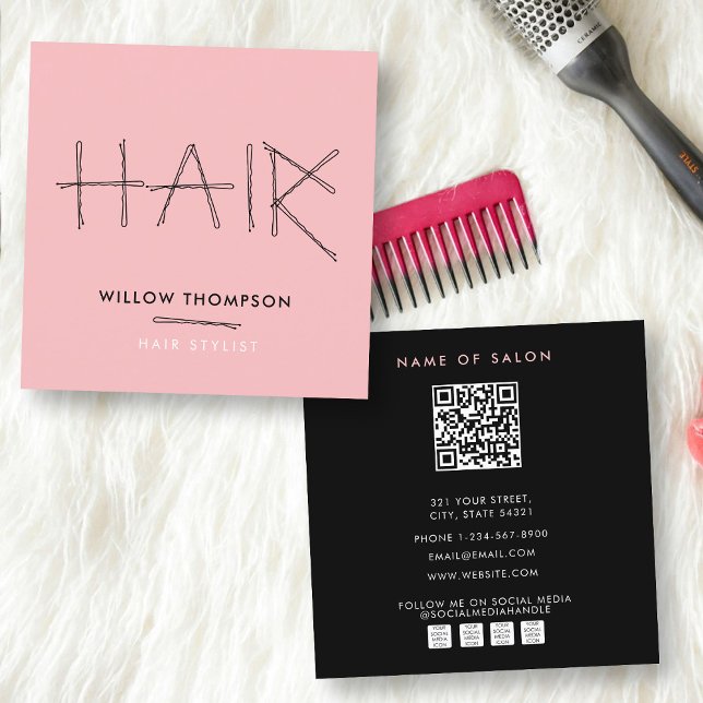 Cartão De Visita Quadrado Cabelo de cabeleireiro preto rosa-do-cabelo de Bob (Cute Hairdresser Black Pink Bobby Pins Hair Square Business Card)