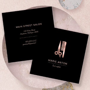 Cartão De Visita Quadrado Cabelo Estilista Chic Rosa com Tesoura Dourada Pre