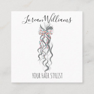Cartão De Visita Quadrado Cabelo ondulado do tipo pajé branco Pastel Salão F