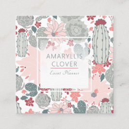 Cartão De Visita Quadrado Cactos Suculenta Padrão Verde Rosa