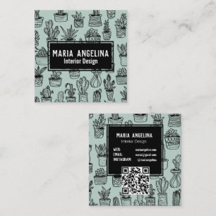 Cartão De Visita Quadrado Cactus Cute Suculenta Boho Doodle Código QR PERSON