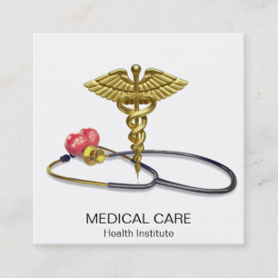 Cartão De Visita Quadrado Caduceu de Ouro Médico & Estetoscópio com Coração